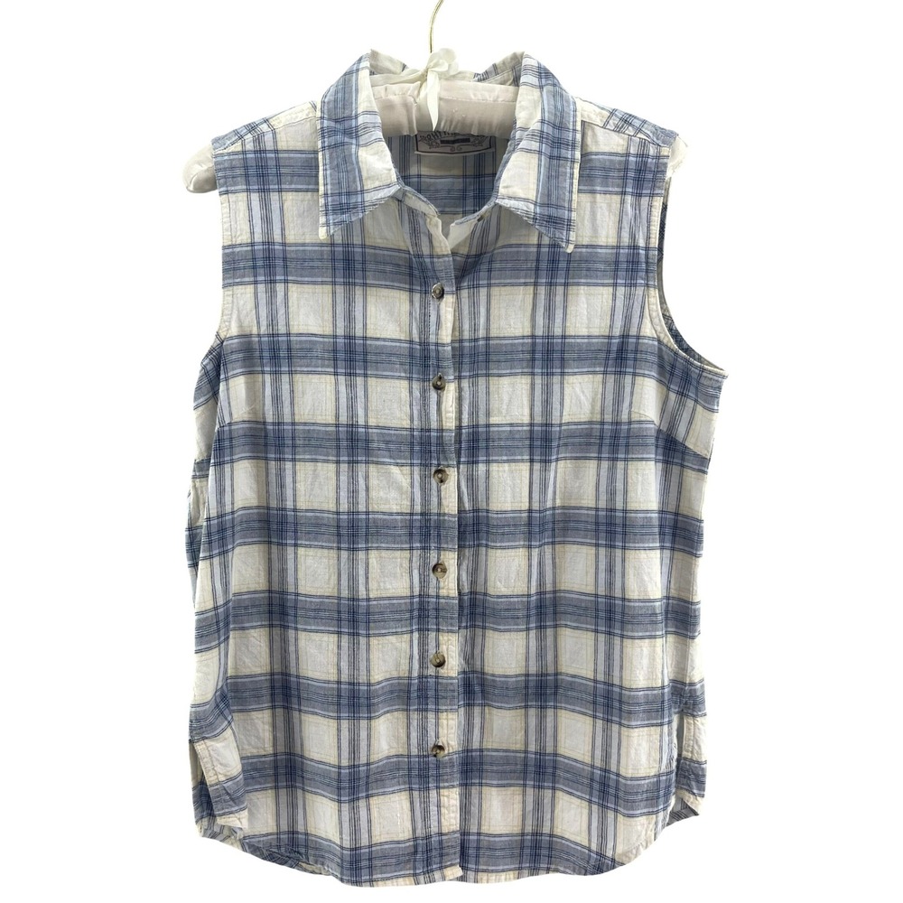 VTG‎ 90s Rhythm Blue Button Down Top Women S Blue Plaid Cotton Granola Cowgirl